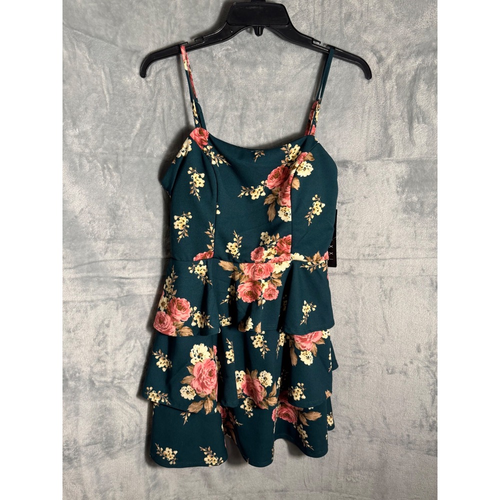 Trixxi Clothing Company Teal Floral Tiered‎ Ruffle Mini Dress Cutout Back M/L ?